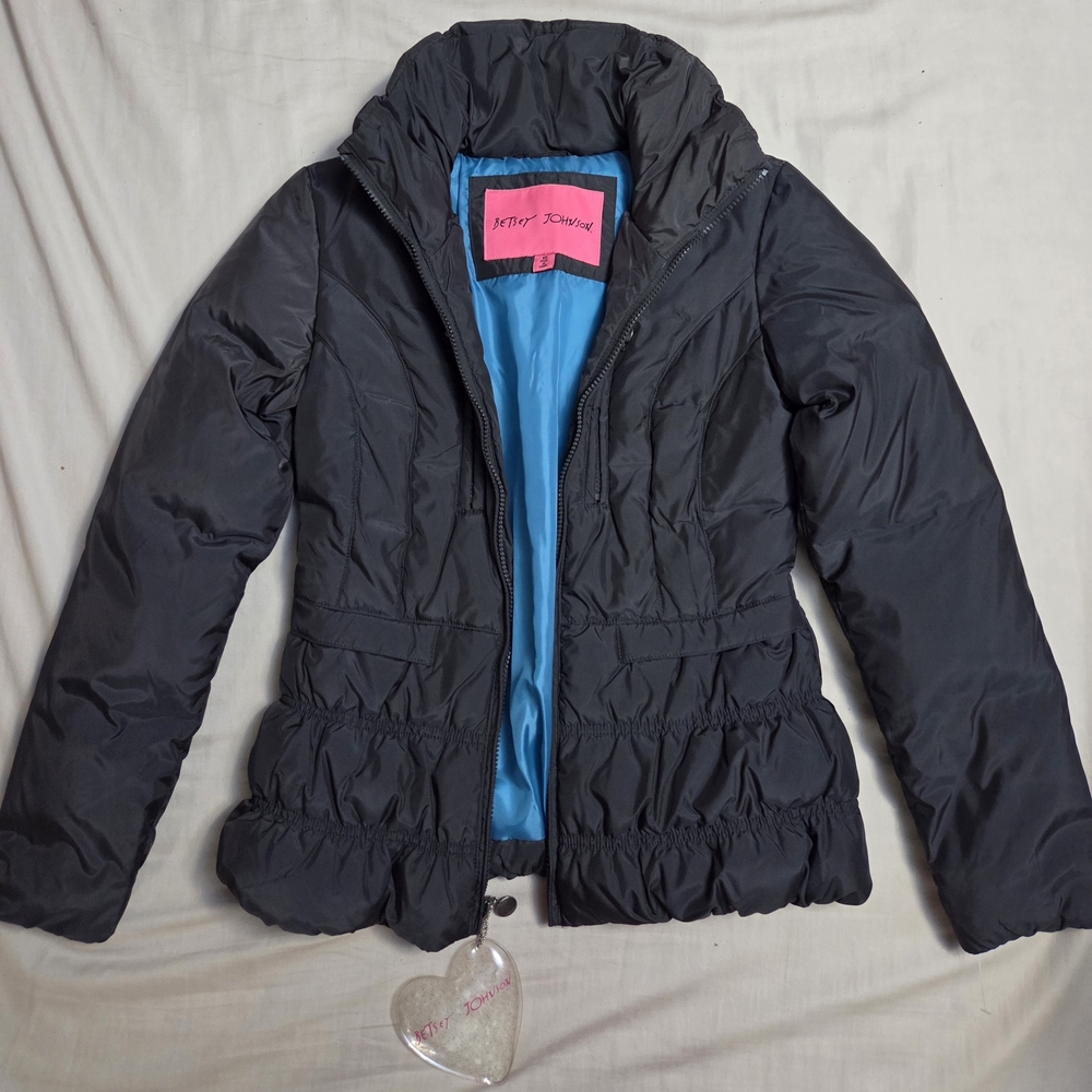 Betsey Johnson Black Puffer Jacket with Blue Lining